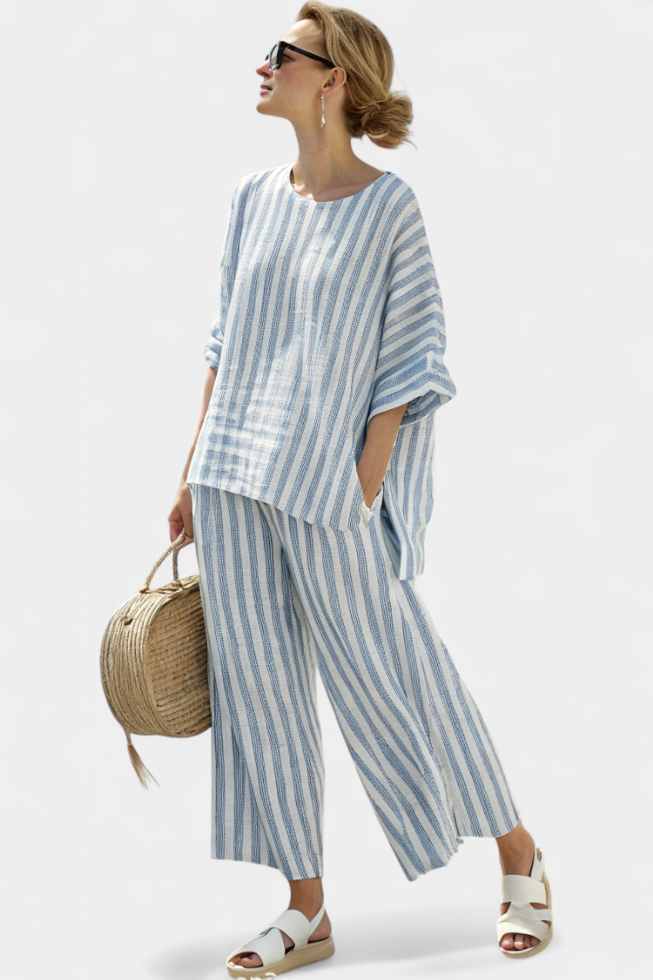 Women's Striped Top and Relaxed Trousers Co-ord Set - Blue Stripe