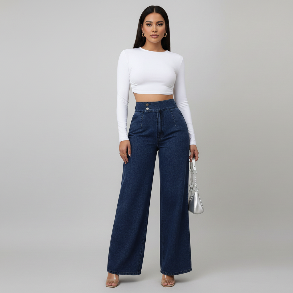 Women's Wide Leg Jeans High Rise with Full Length Silhouette - 2