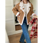 Women's Oversized Shearling Jacket with Wide Lapels - Beige