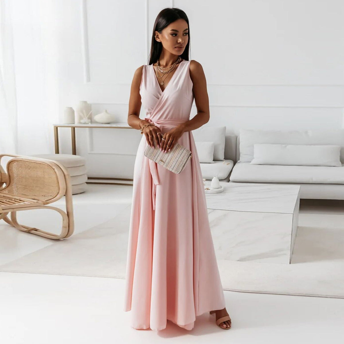 Women's Wrap Maxi Dress Sleeveless with V-Neck and A-Line Skirt - Pale Pink