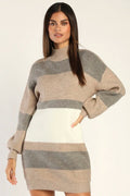 Women's Striped Rib-Knit Jumper Dress with Roll Neck - Khaki