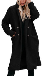 Women's Long Teddy Coat with Button Front Closure - Black