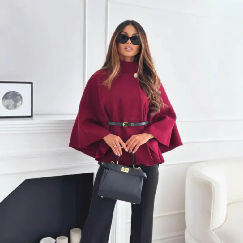 Hattie - Cosy High Neck Buttoned Cape - Claret