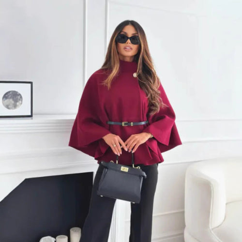 Hattie - Cosy High Neck Buttoned Cape - Claret