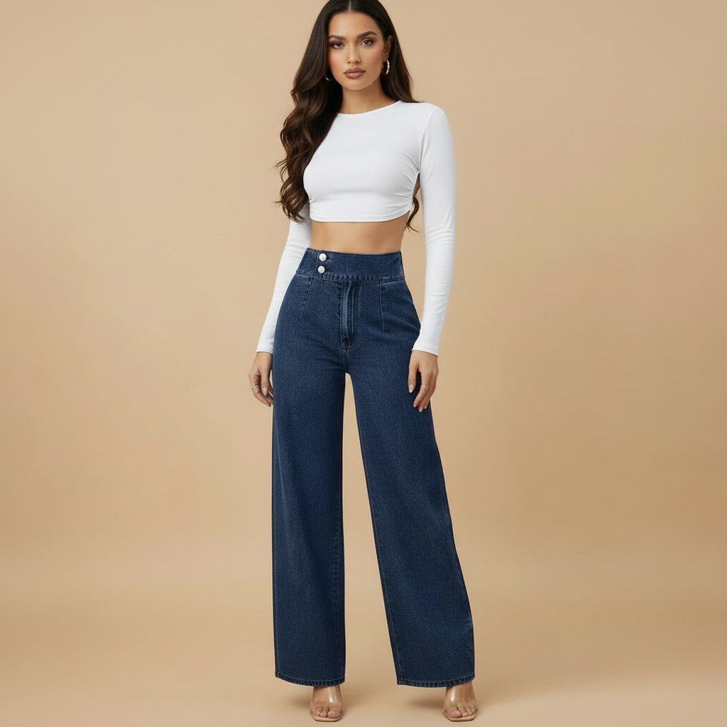 Women's Wide Leg Jeans High Rise with Full Length Silhouette - 3