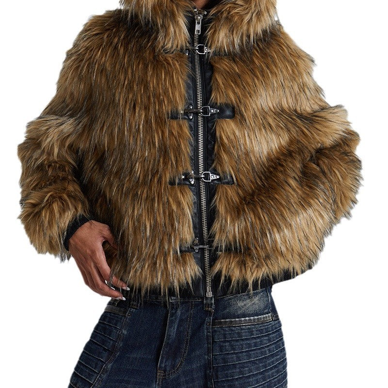Women's Faux Fur Hooded Jacket with Toggle Closures - 7