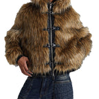 Women's Faux Fur Hooded Jacket with Toggle Closures - 7