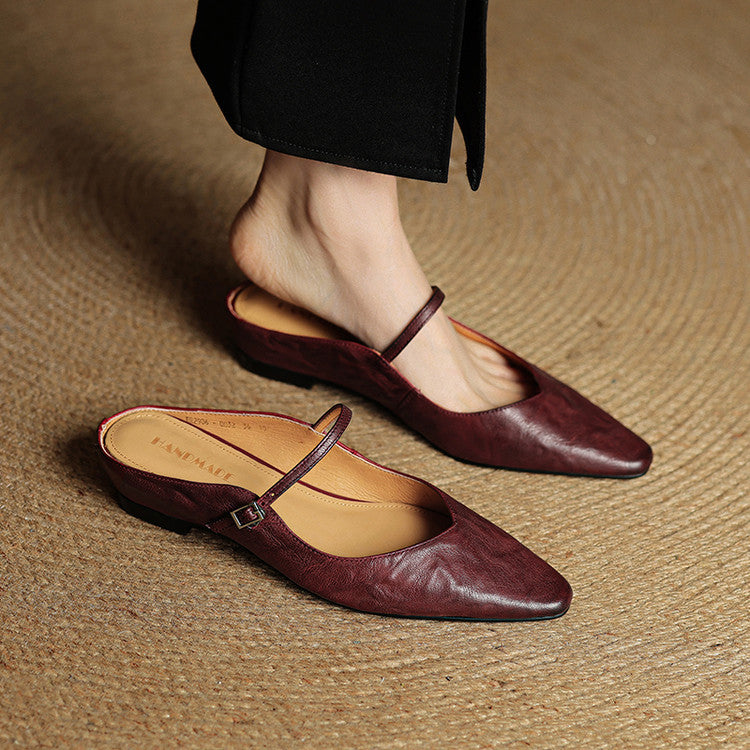 Women's Pointed Toe Mule Sandals with Ankle Strap - Brown