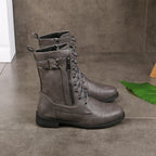 Women's Lace-Up Mid-Calf Boots with Side Zip Closure - Grey