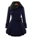 Women's Double-Breasted Coat with Faux Fur Collar and Belted Waist - Dark Blue