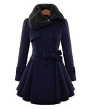 Women's Double-Breasted Coat with Faux Fur Collar and Belted Waist - Dark Blue