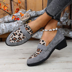 Women's Leopard Print Loafers with Block Heel - Light Blue