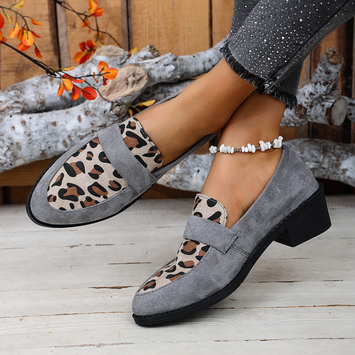 Women's Leopard Print Loafers with Block Heel - Light Blue