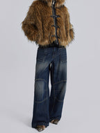 Women's Faux Fur Hooded Jacket with Toggle Closures - 8