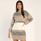 Women's Striped Rib-Knit Jumper Dress with Roll Neck - 3
