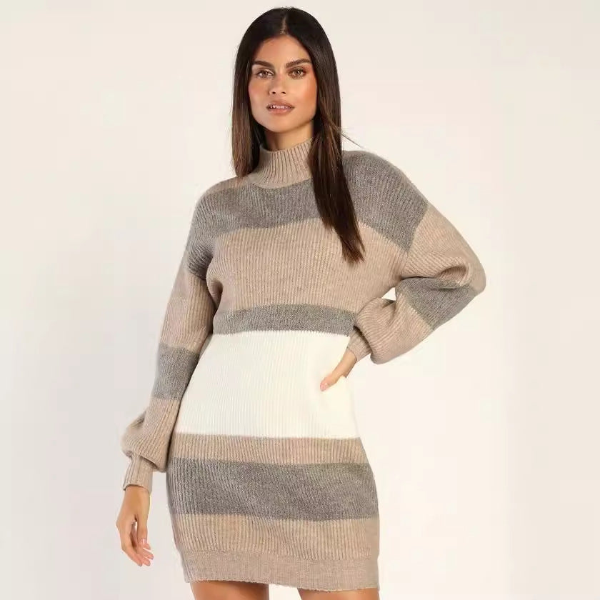 Women's Striped Rib-Knit Jumper Dress with Roll Neck - 3