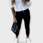 Women's Stretch Trousers with High Elastic Waistband and Ankle Length - 5