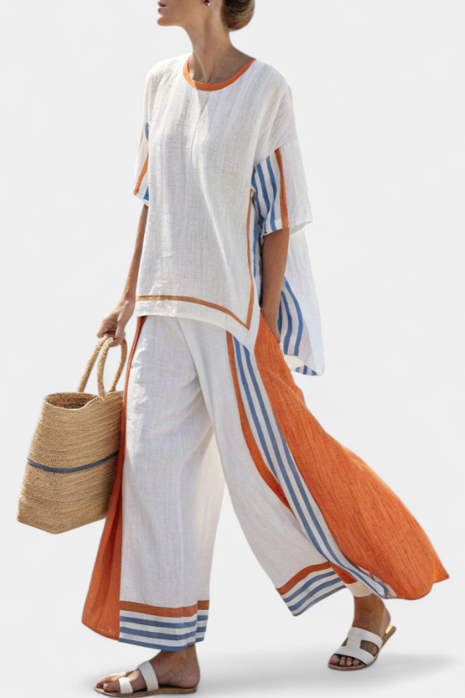 Women's Wide-Leg Trouser and Top Set with Striped Trim