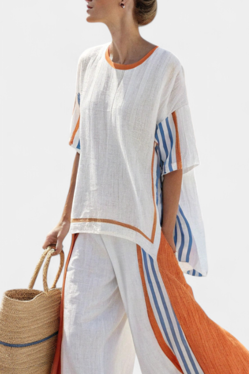Women's Wide-Leg Trouser and Top Set with Striped Trim - 2
