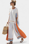 Women's Wide-Leg Trouser and Top Set with Striped Trim - Multi Coloured Stripes