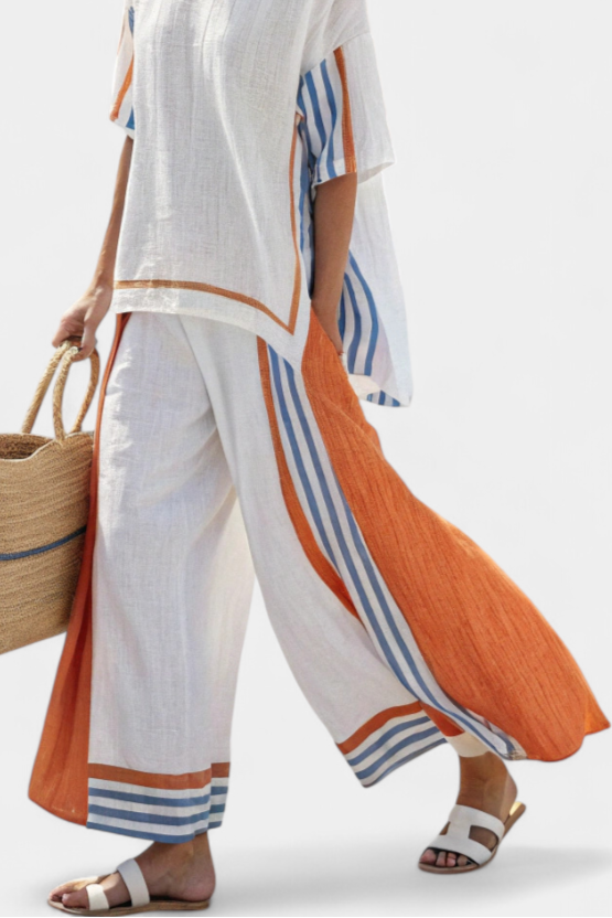 Women's Wide-Leg Trouser and Top Set with Striped Trim - 3