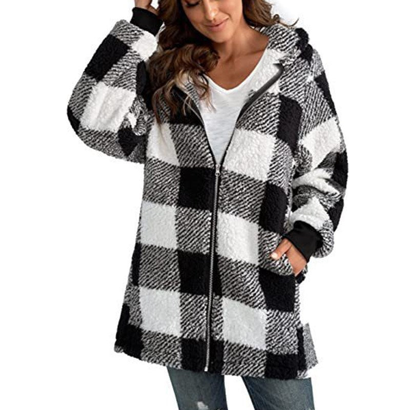 Arabella - Check Fleece Long Sleeve Hooded Coat - Black