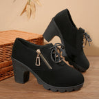 Women's Block Heel Ankle Boots Lace-Up with Side Zip - Black
