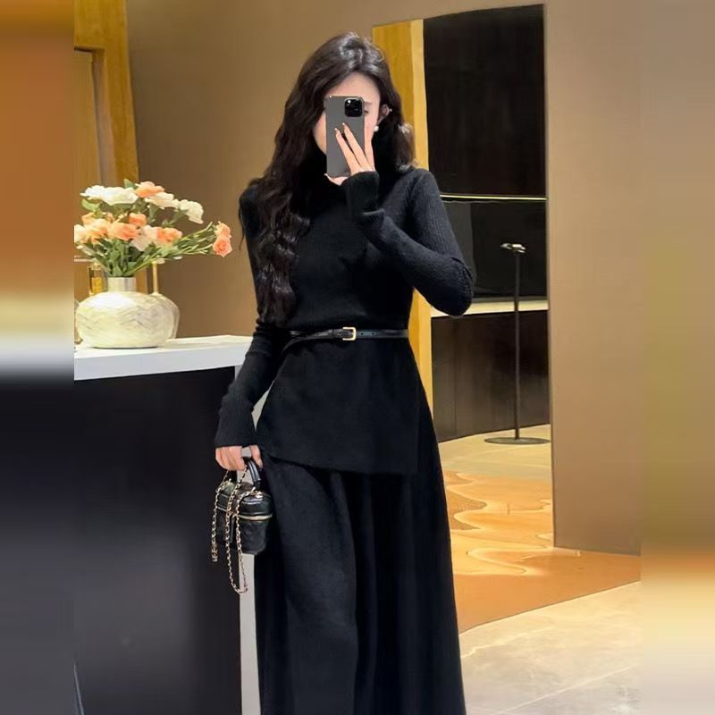 Women's Belted Asymmetric Knit Midi Dress Long Sleeve - 6