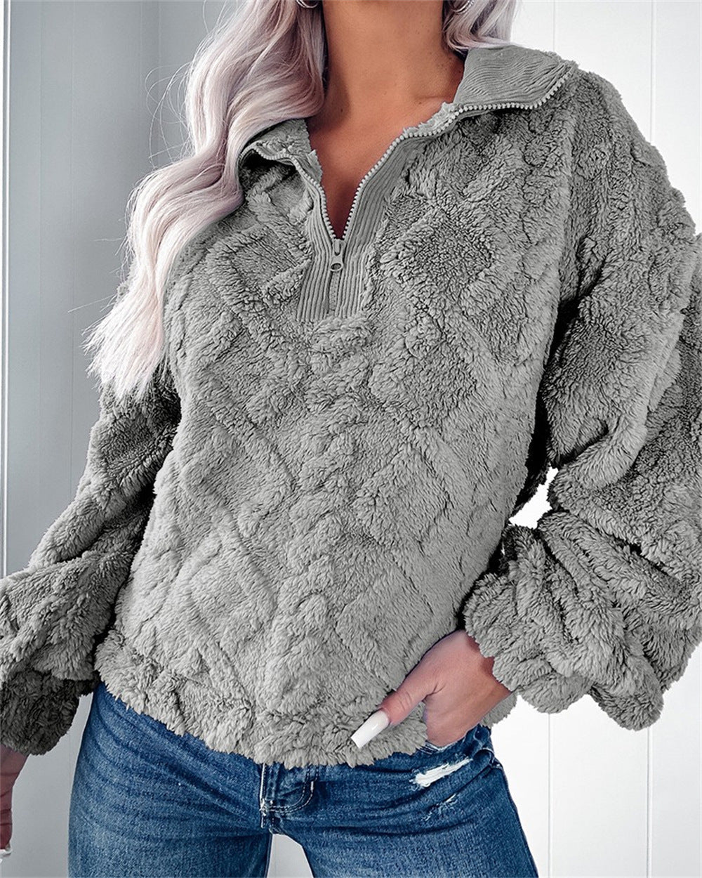 Women's Zip-Neck Fleece Pullover with Textured Finish - Grey