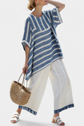 Women's Striped Top and Wide-Leg Trousers Set with Asymmetric Hem - Blue Striped