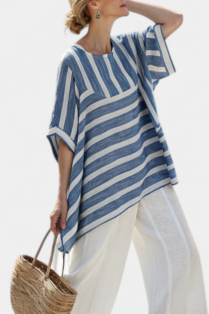 Women's Striped Top and Wide-Leg Trousers Set with Asymmetric Hem - 2