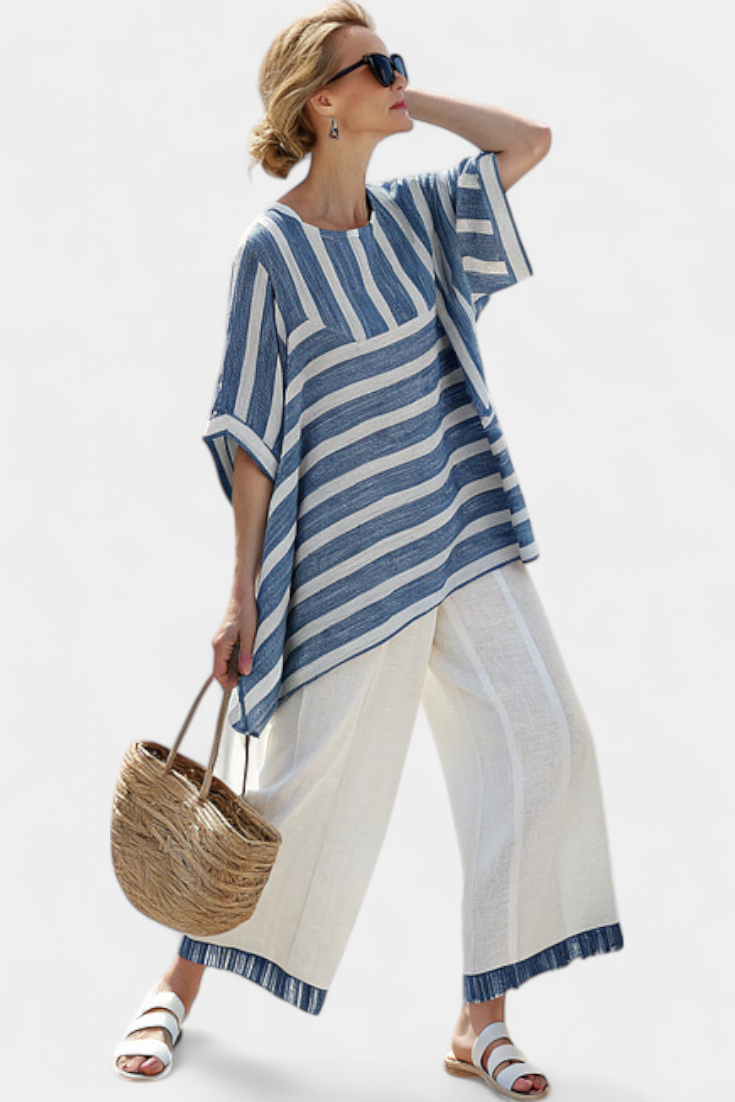 Women's Striped Top and Wide-Leg Trousers Set with Asymmetric Hem - 4