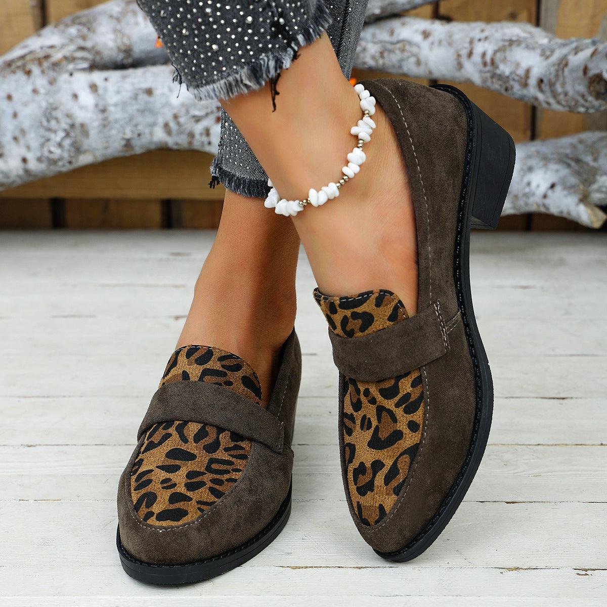 Women's Leopard Print Loafers with Block Heel - 6