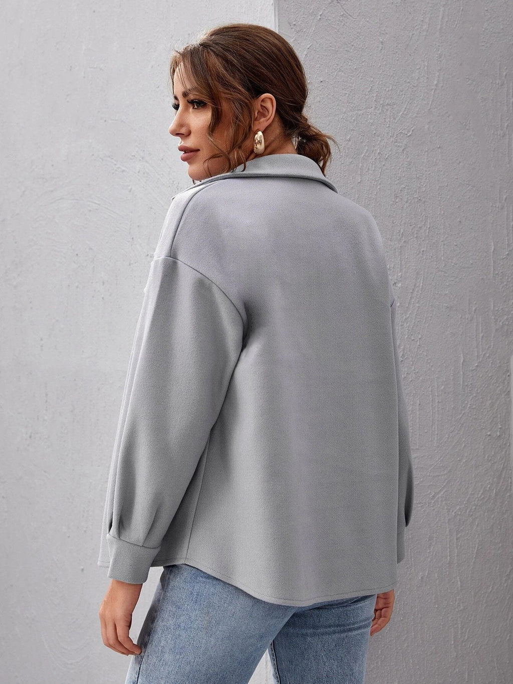 Women's Oversized Shirt Jacket with Collar and Pocket Detail - 5