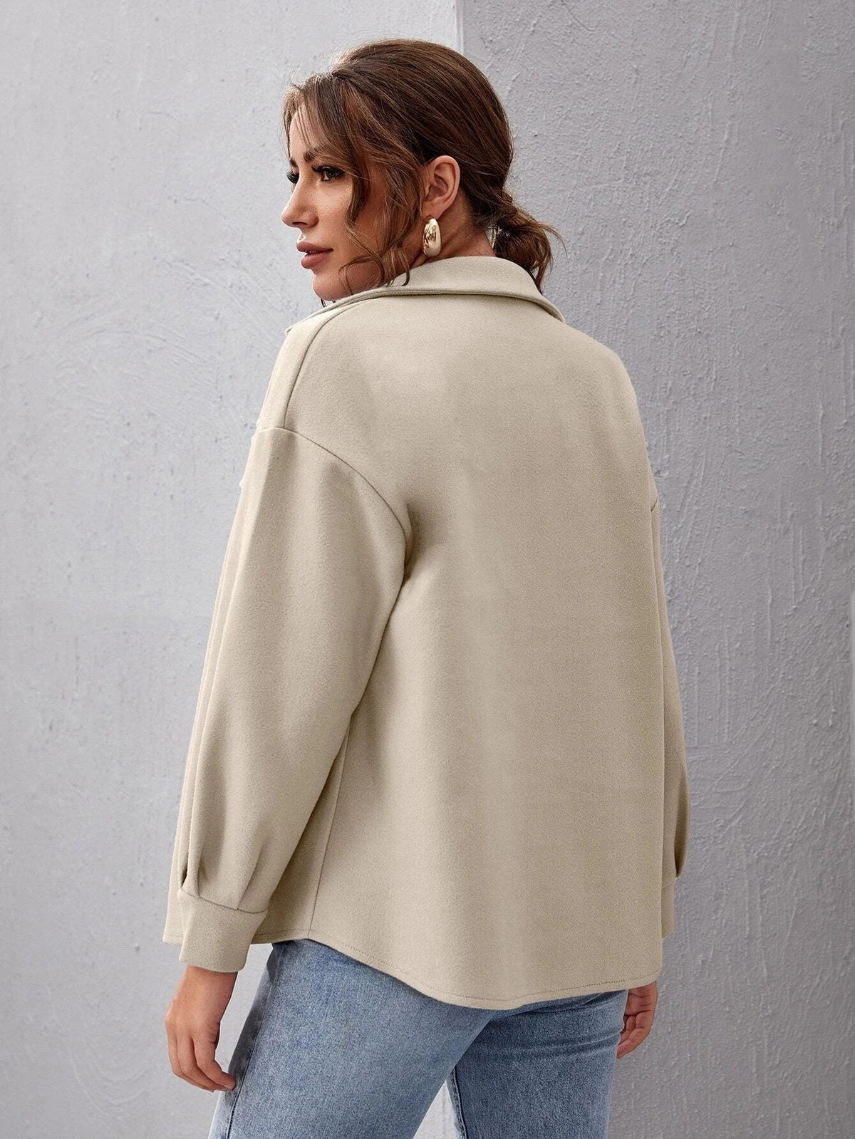 Women's Oversized Shirt Jacket with Collar and Pocket Detail - 7