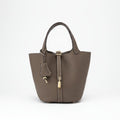 Women's Structured Bucket Bag with Twist-Lock Clasp - Khaki Earth