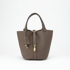 Women's Structured Bucket Bag with Twist-Lock Clasp - Khaki Earth