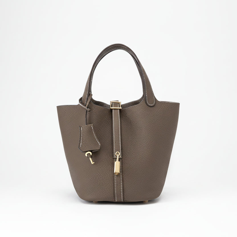 Women's Structured Bucket Bag with Twist-Lock Clasp - Khaki Earth
