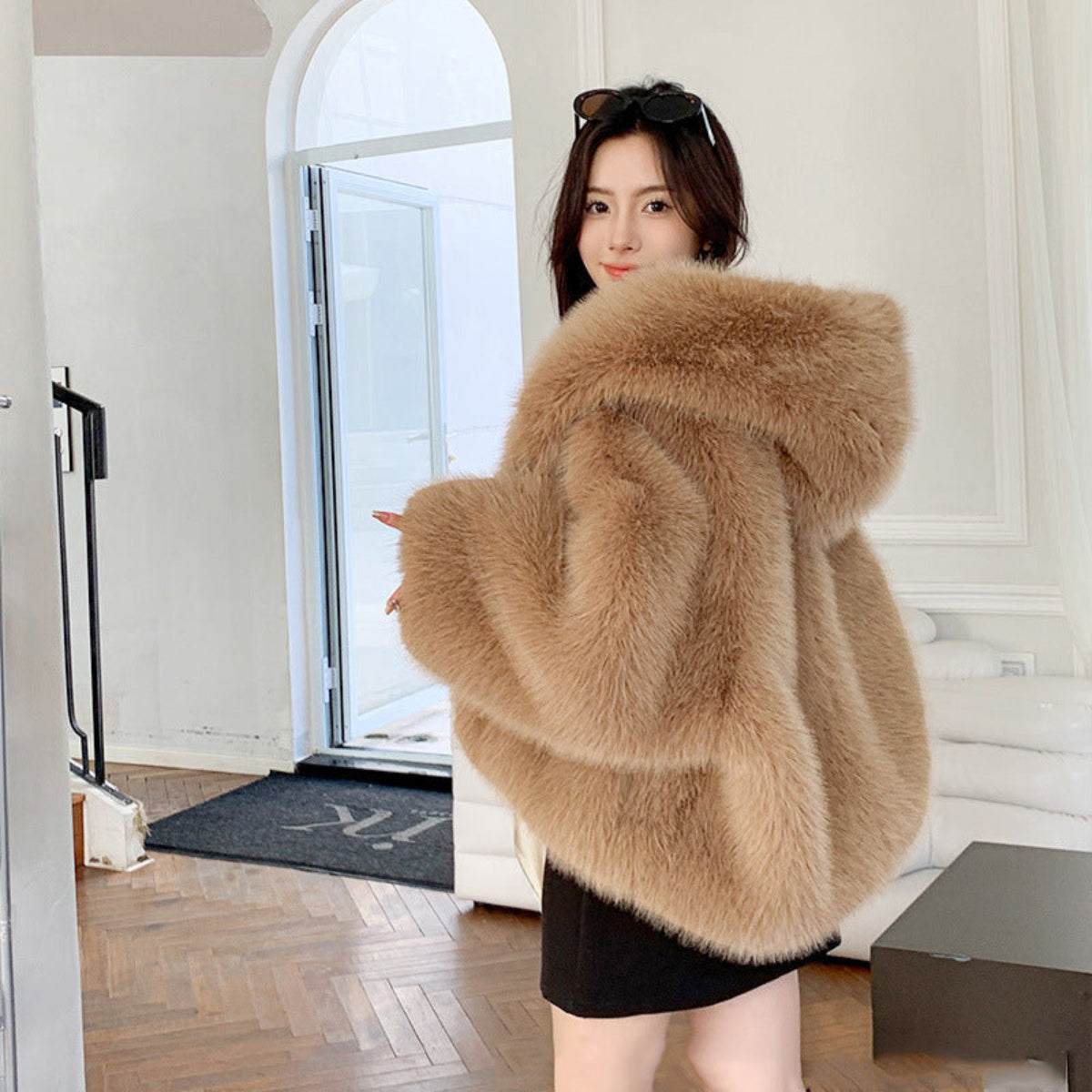 Women's Hooded Faux Fur Coat with Long Sleeves - 5