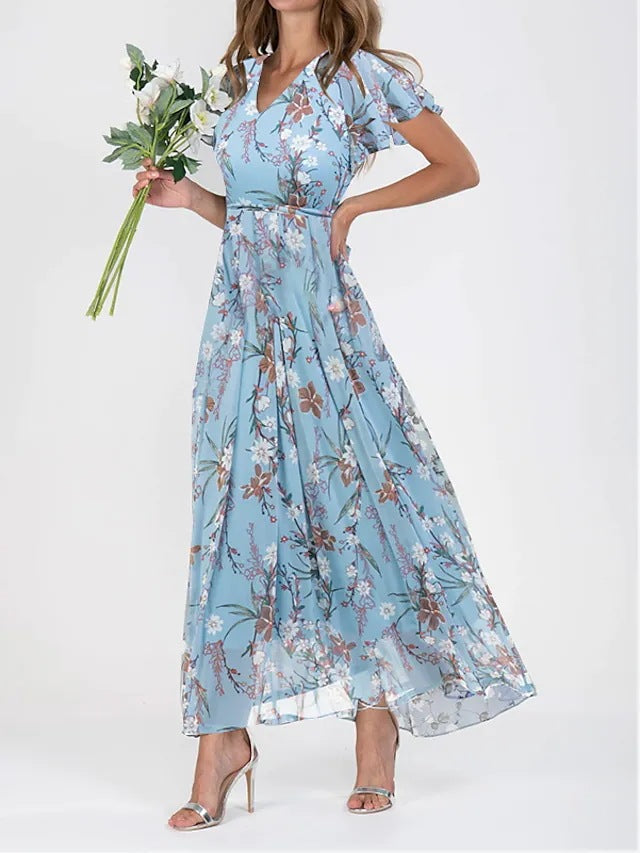Women's Maxi Dress Floral Print with V-neck and Flutter Sleeves - Royal Blue
