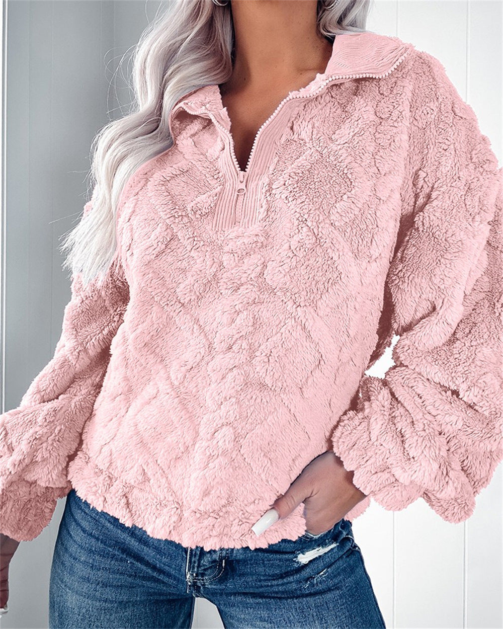 Women's Zip-Neck Fleece Pullover with Textured Finish - Pink