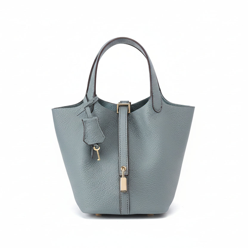 Women's Structured Bucket Bag with Twist-Lock Clasp - Linen Blue Steel