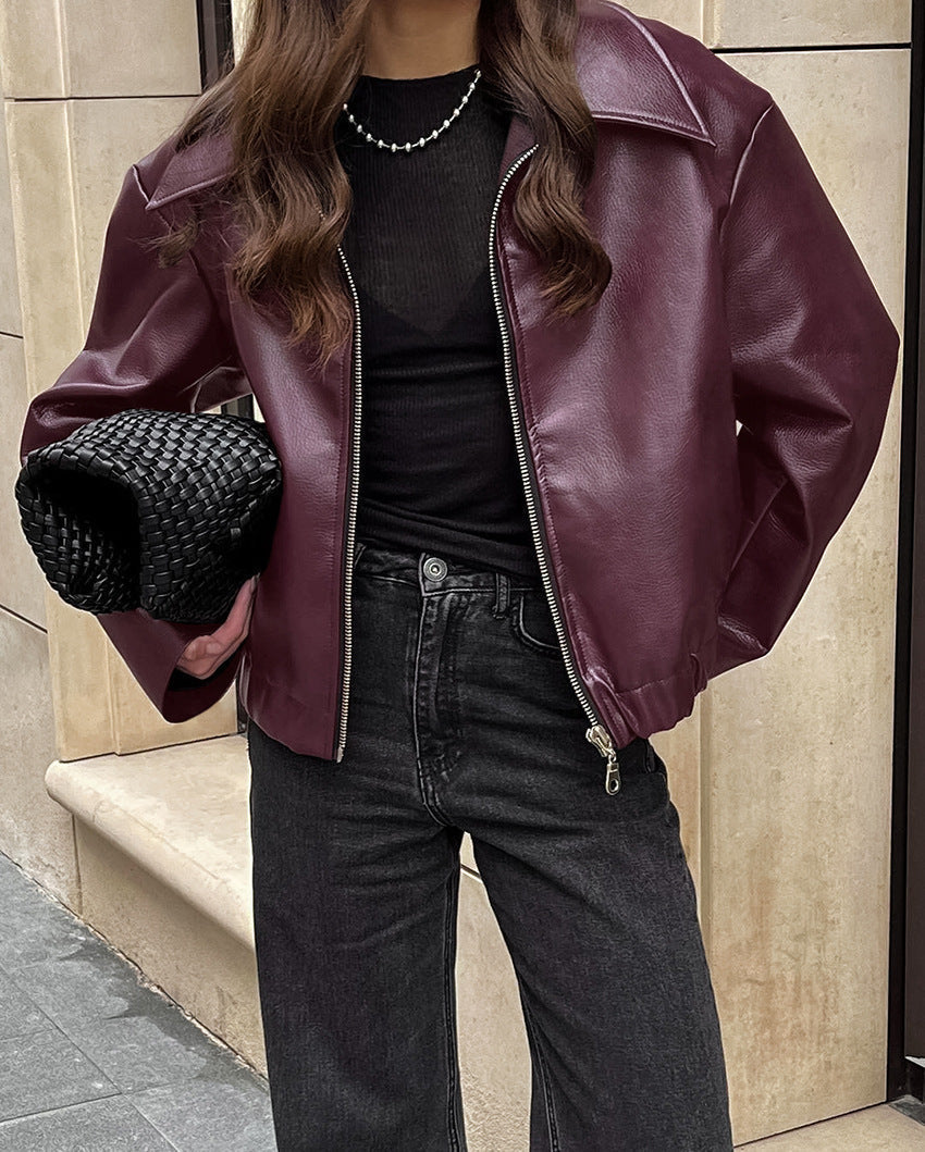 Women's Cropped Matte Biker Jacket with Front Zip - Burgundy