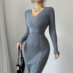 Women's Ribbed Wrap-Style Midi Dress with Button Detail - 6