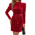 Women's Puff Sleeve Velvet Mini Dress with Tie Belt - Red
