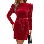 Women's Puff Sleeve Velvet Mini Dress with Tie Belt - Red