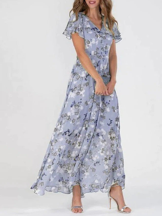 Women's Maxi Dress Floral Print with V-neck and Flutter Sleeves - Lilac