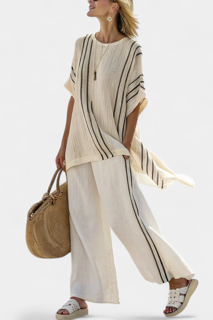 Women's Oversized Striped Blouse and Wide-Leg Trousers Set