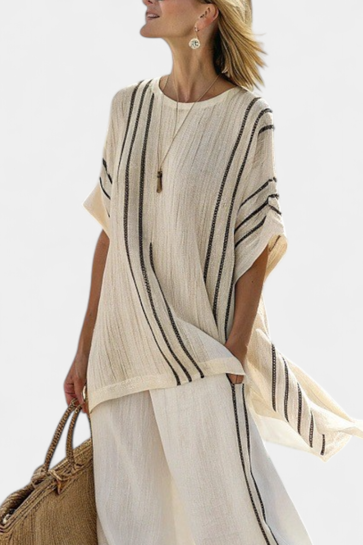 Women's Oversized Striped Blouse and Wide-Leg Trousers Set - 2