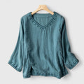 Women's Embroidered V-Neck Blouse with Relaxed Fit - Blue